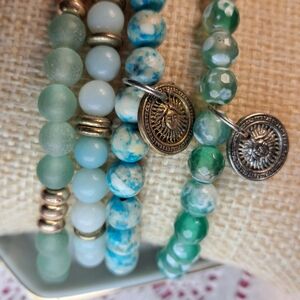 Coordinating Seafoam/Aqua & Goldtone Boho Stacking Bracelet Set Of Four